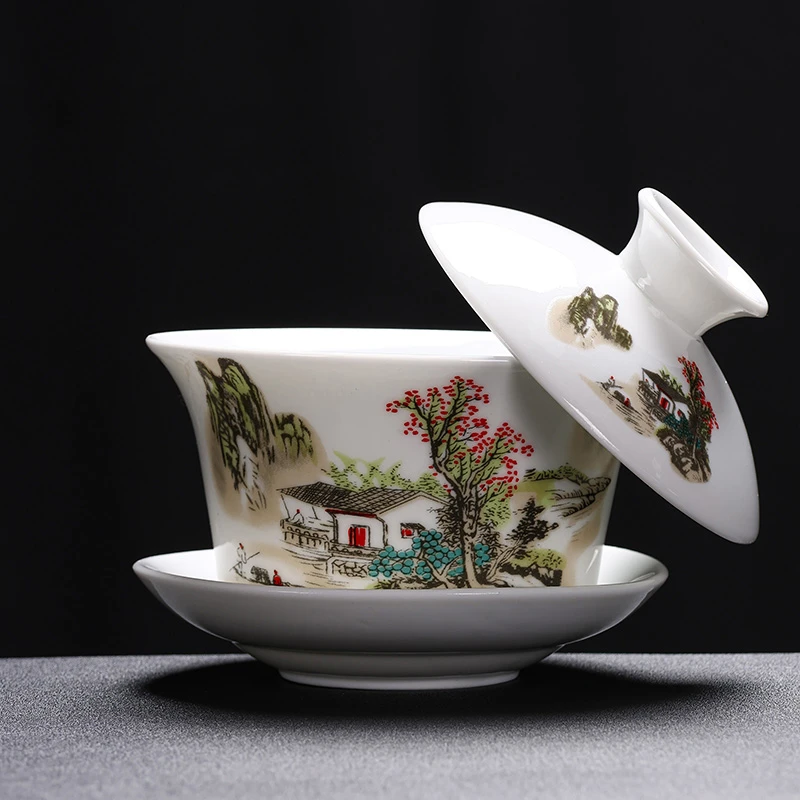 悬停三才盖碗带盖泡茶杯单个茶碗德化白瓷茶具青花陶瓷泡茶碗