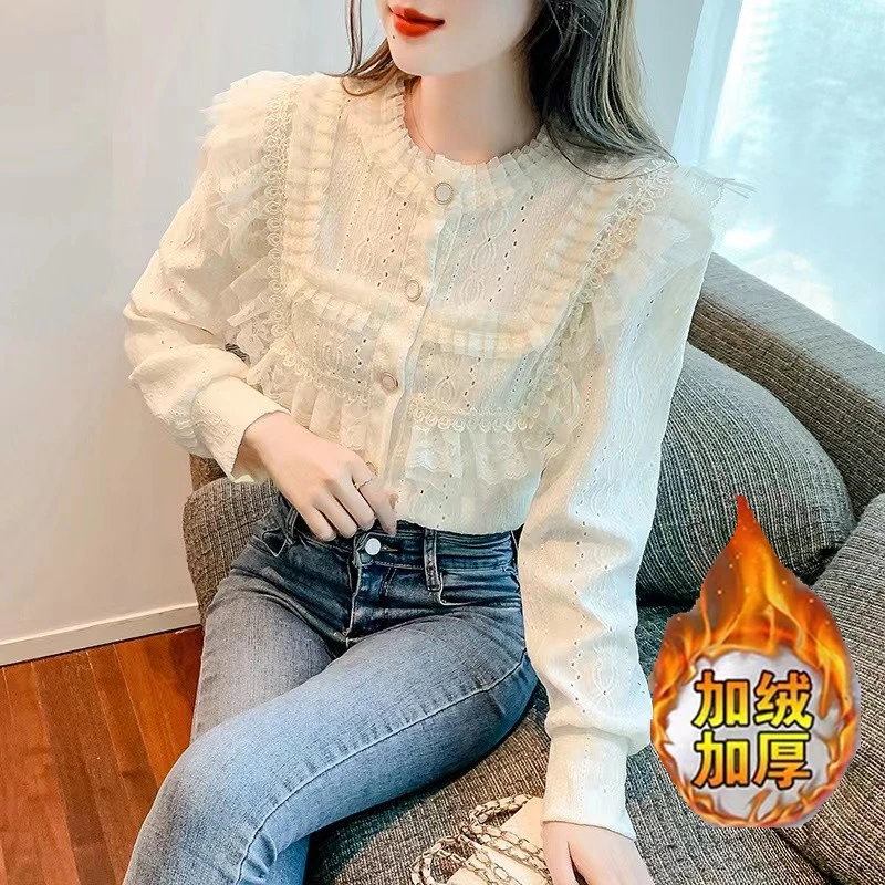 加绒/薄款蕾丝花边圆领镂空衬衫女2024春季新款百搭打底长袖上衣