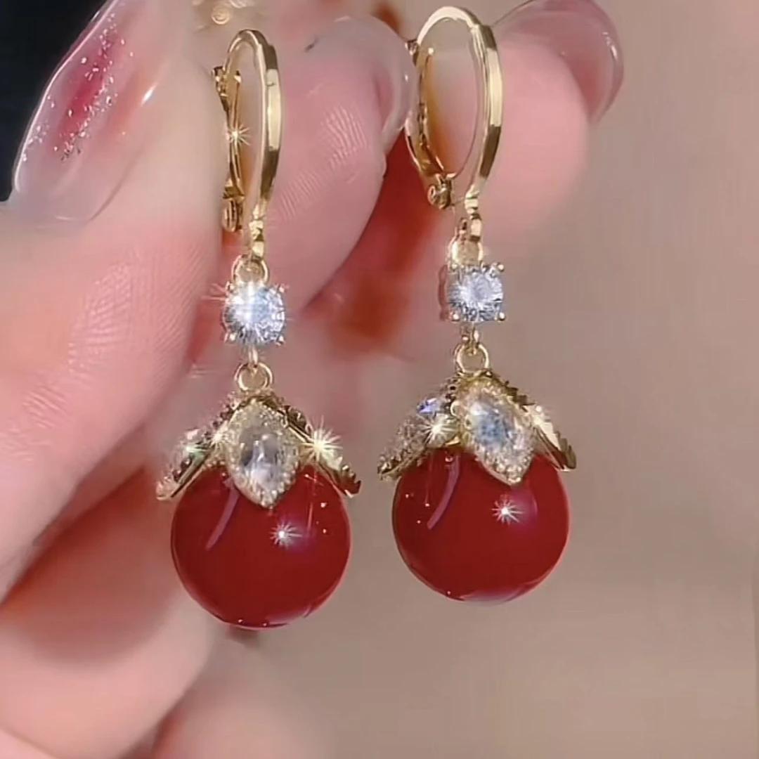 铜合金耳饰 气质轻奢红色耳扣精致复古百搭耳环简约时尚优雅耳坠