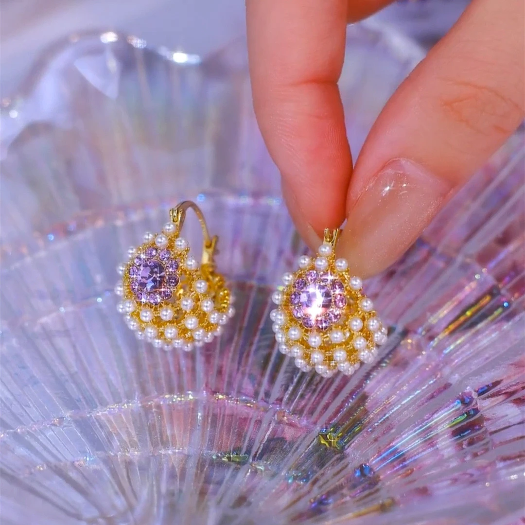 铜合金耳饰 气质轻奢耳环高级感小米珠精致耳坠复古时尚紫色耳环