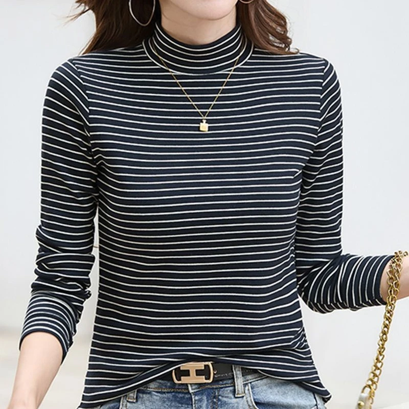 德绒半高领加绒加厚百搭修身显瘦条纹打底衫女80斤穿到女士打底衫