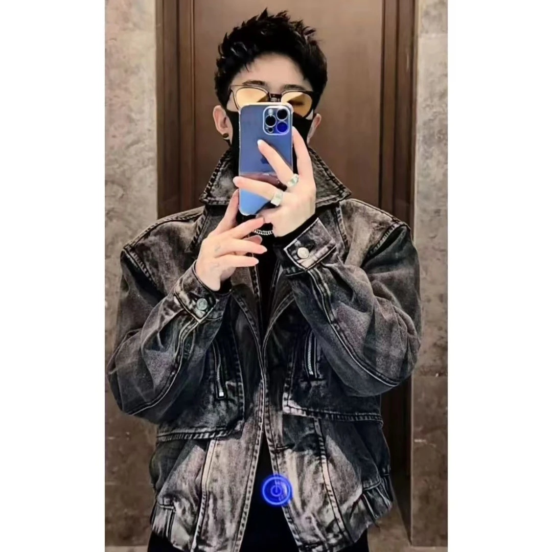 秋季新品复古做旧港风时尚休闲短款痞帅百搭牛仔外套短款双领夹克