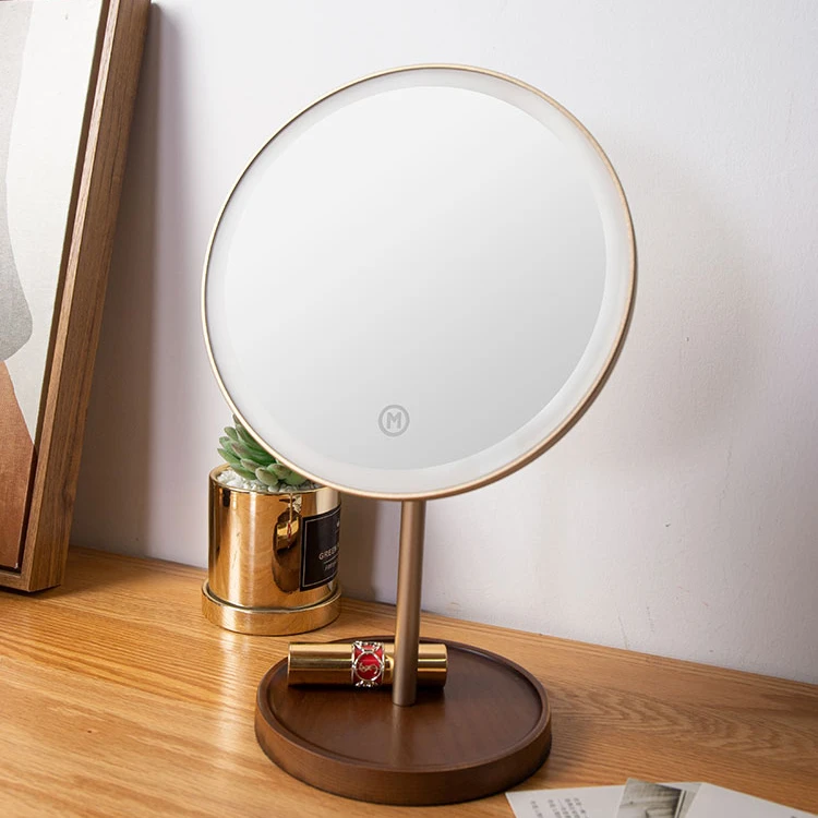 胡桃实木化妆收纳架化妆镜二合一万向镜桌面带灯镜子收纳架多功能