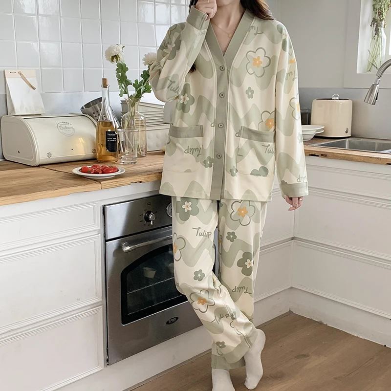 春秋睡衣女棉长袖长裤纽扣V领抗静电睡衣女时尚套装可居家可外出