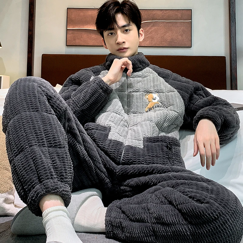 男士睡衣冬季加厚加绒三层夹棉保暖珊瑚绒法兰绒秋冬家居服套装男