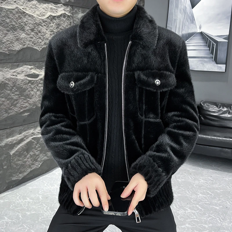 冬季短款翻领加厚外套修身保暖时尚帅气休闲男外套轻奢黑色毛呢