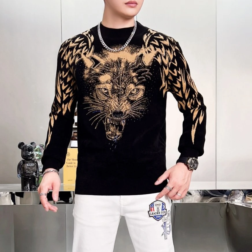 2023冬季男士长袖天鹅绒时尚毛衫保暖百搭修身个性提花潮流毛衣