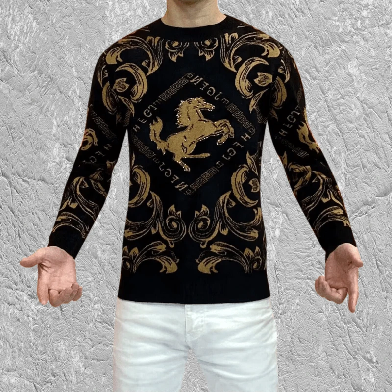 冬季男士打底毛衣时尚百搭修身提花圆领长袖针织衫秋冬休闲潮牌