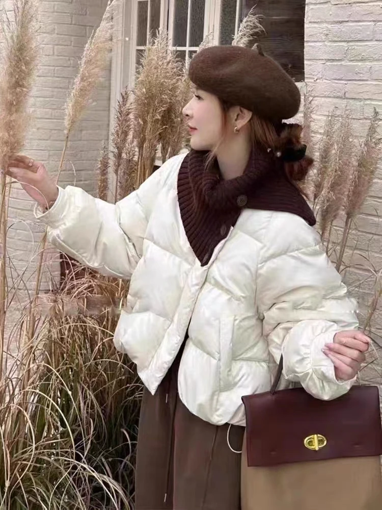 白鸭绒羽绒服针织撞色短款羽绒服女2023冬季新款加厚设计感面包服