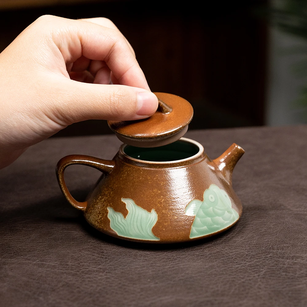 高端茶器青瓷草木灰釉手工石瓢茶壶刻绘小容量精工专用岩茶泡茶壶