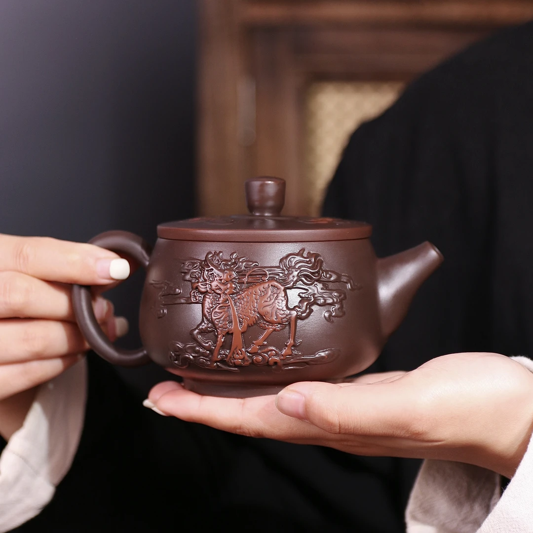 紫陶满雕麒麟汉瓦壶大容量中式全纯手工泡茶壶复古紫砂壶C33