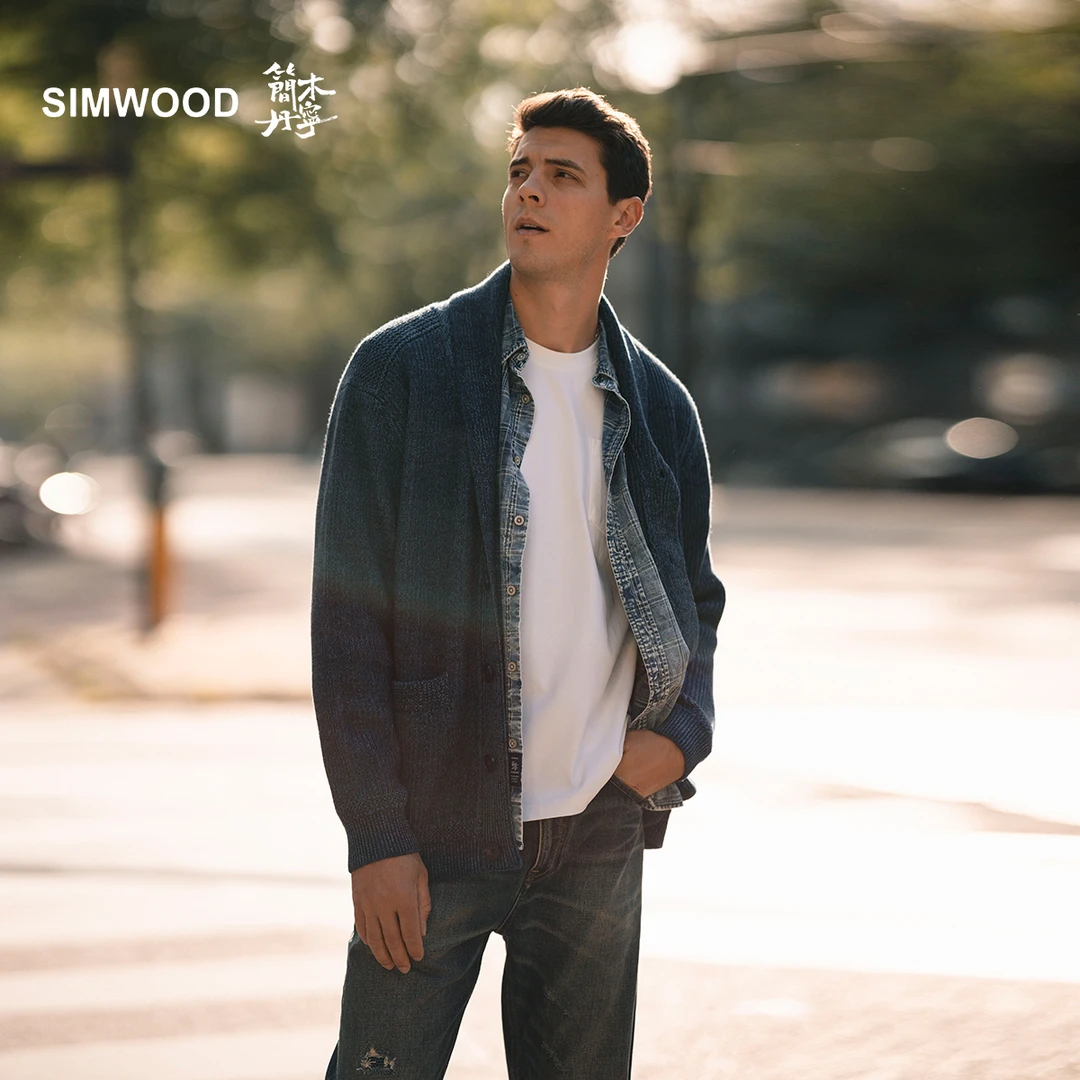 SIMWOOD/简木丹宁【宽松版】7针复古青果领开衫针织毛衣男SN120407