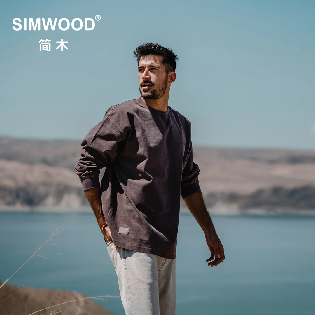 SIMWOOD/简木【宽松版型】300g成衣水洗做旧纯色长袖T恤SM210357