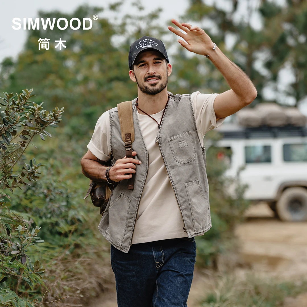 SIMWOOD/简木【宽松版】水洗复古做旧工装口袋马甲外套SM130161