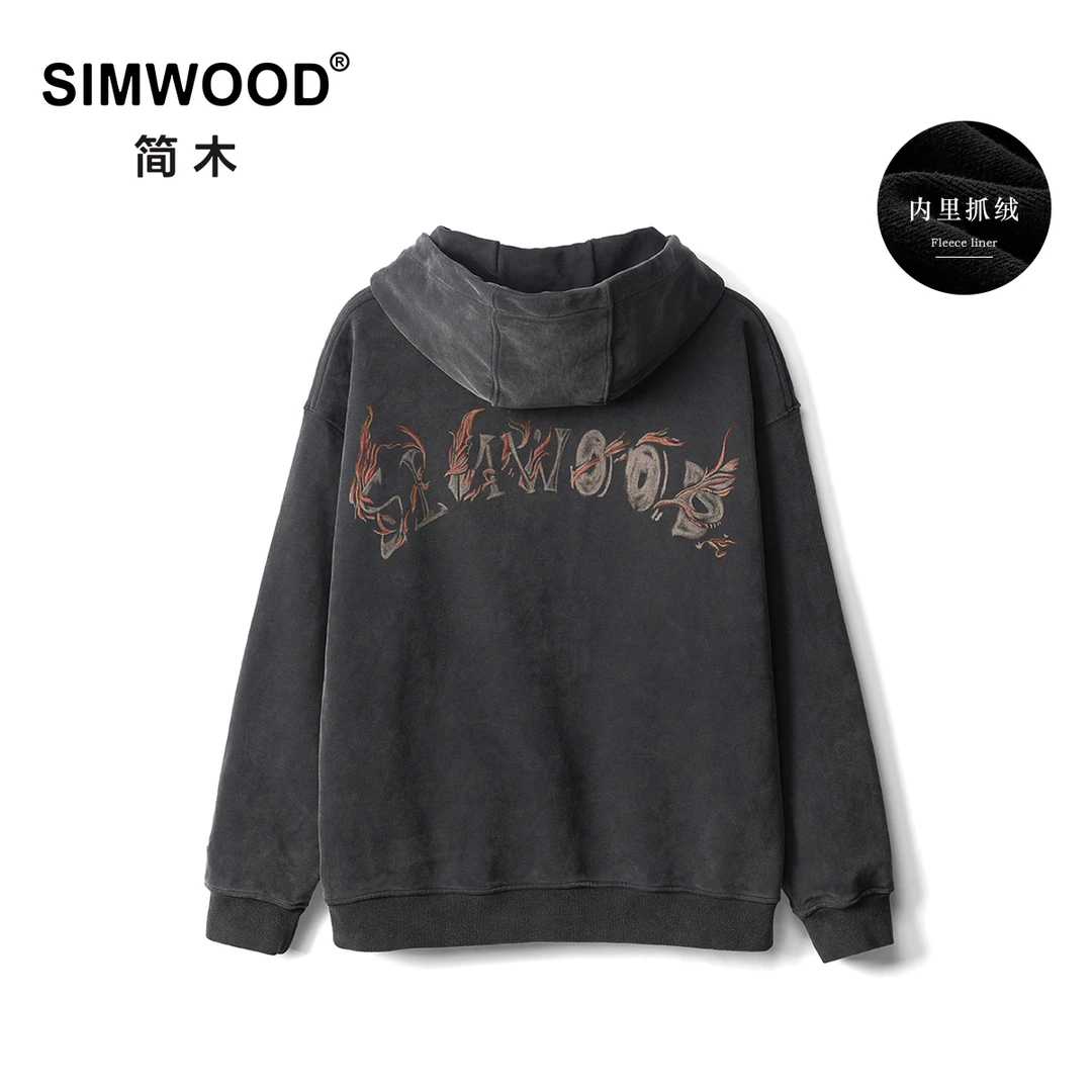 SIMWOOD/简木【短宽版】520g重磅复古水洗碳磨薄绒连帽卫衣SO210047