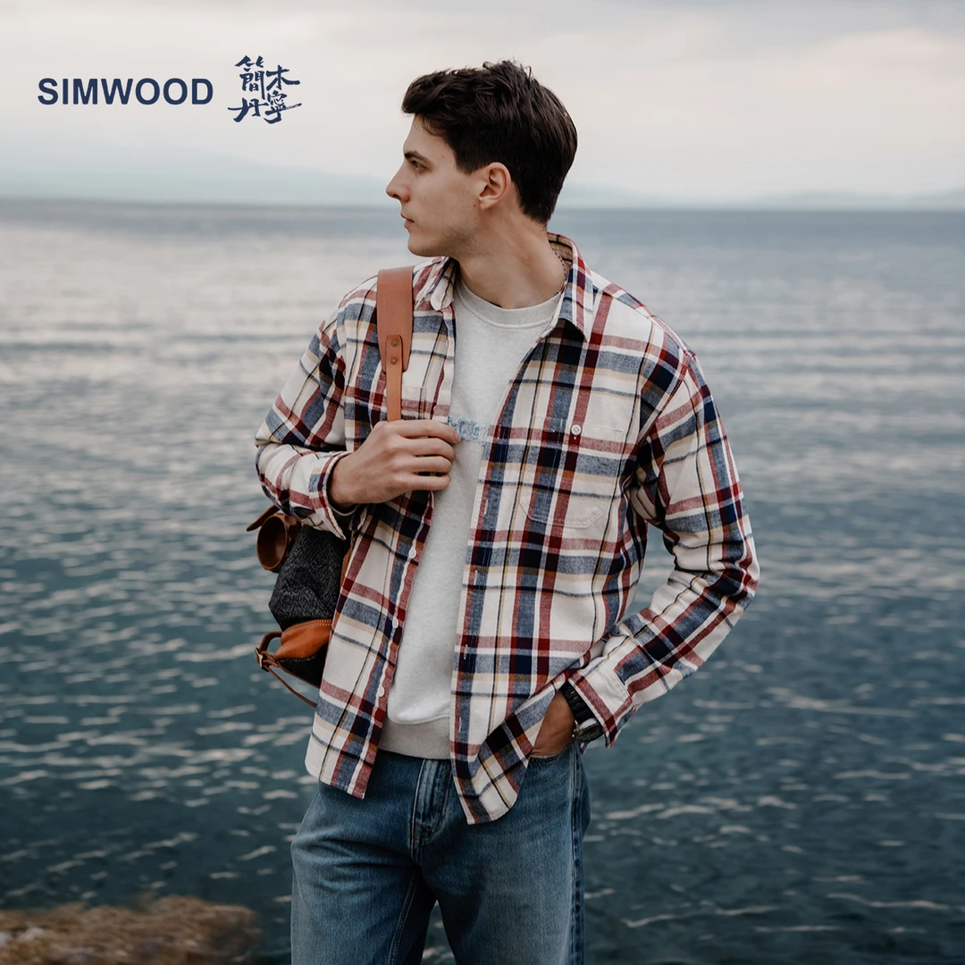 SIMWOOD/简木丹宁【宽松版】280g法兰绒红蓝格牛仔衬衫男SM130385