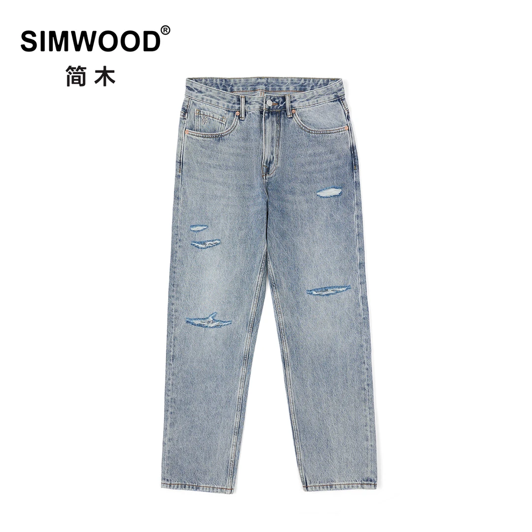 SIMWOOD/简木【LS07宽松直筒】13盎司水洗磨破复古牛仔裤SM230201