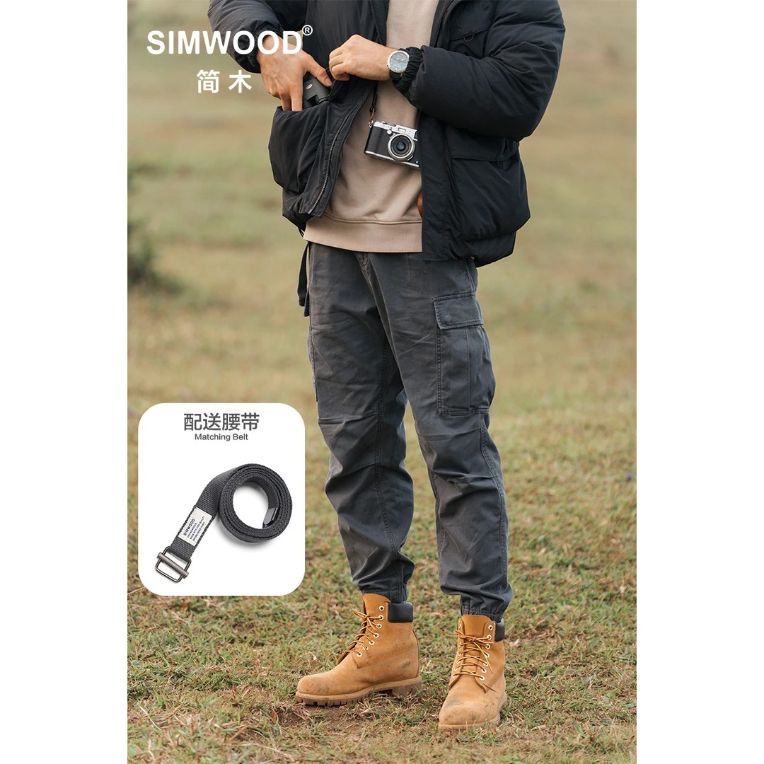 SIMWOOD/简木【文皓专享】宽松版型290g松紧腰束脚工装多袋休闲裤