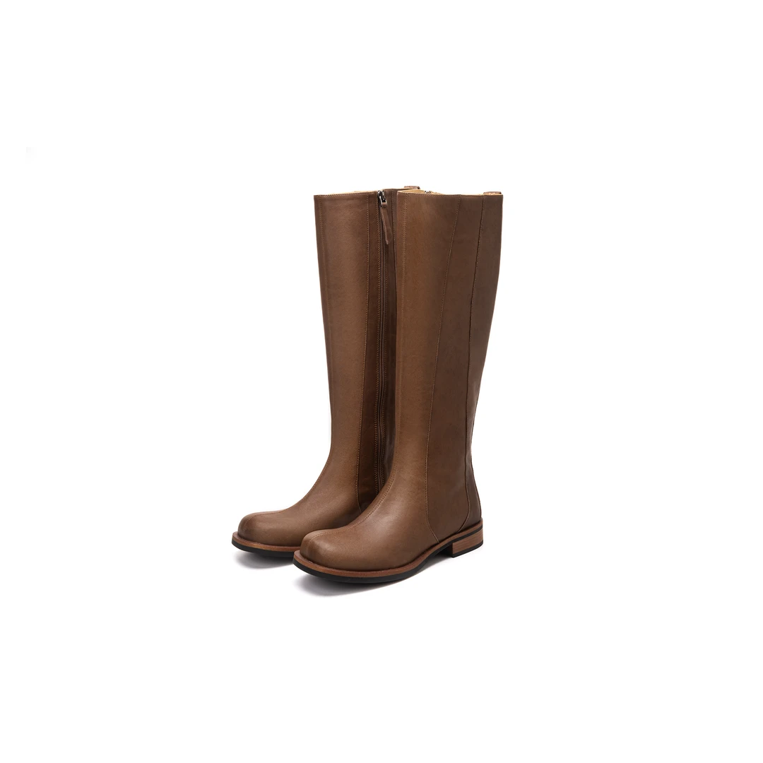 TIAN TIAN2024秋冬款复古棕色长筒靴骑士长筒靴圆方头长靴时尚