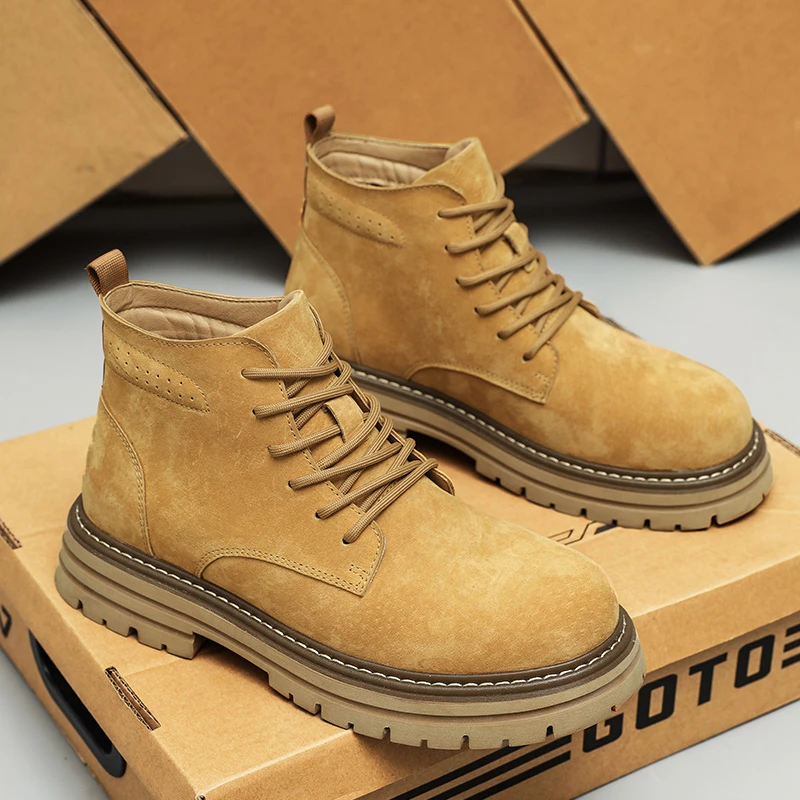 马丁靴男士2024工装中帮男鞋英伦风时尚潮流厚底防滑工作鞋大黄靴