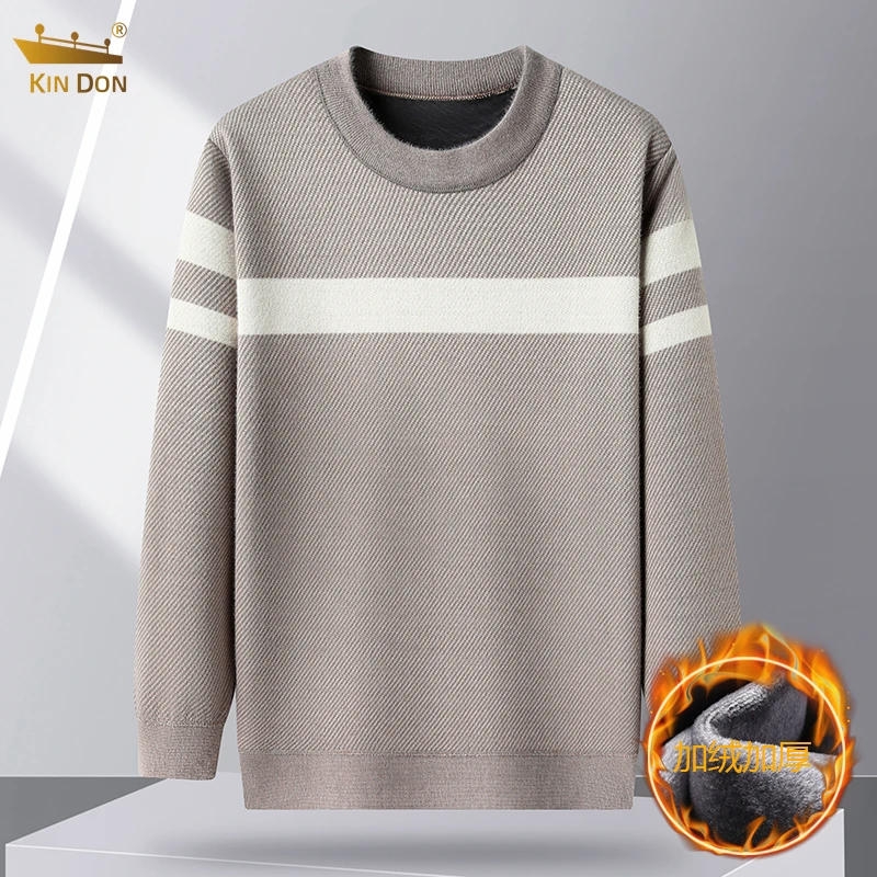 金盾时尚男士条纹针织衫冬季新款男装加绒加厚打底衫百搭圆领毛衣