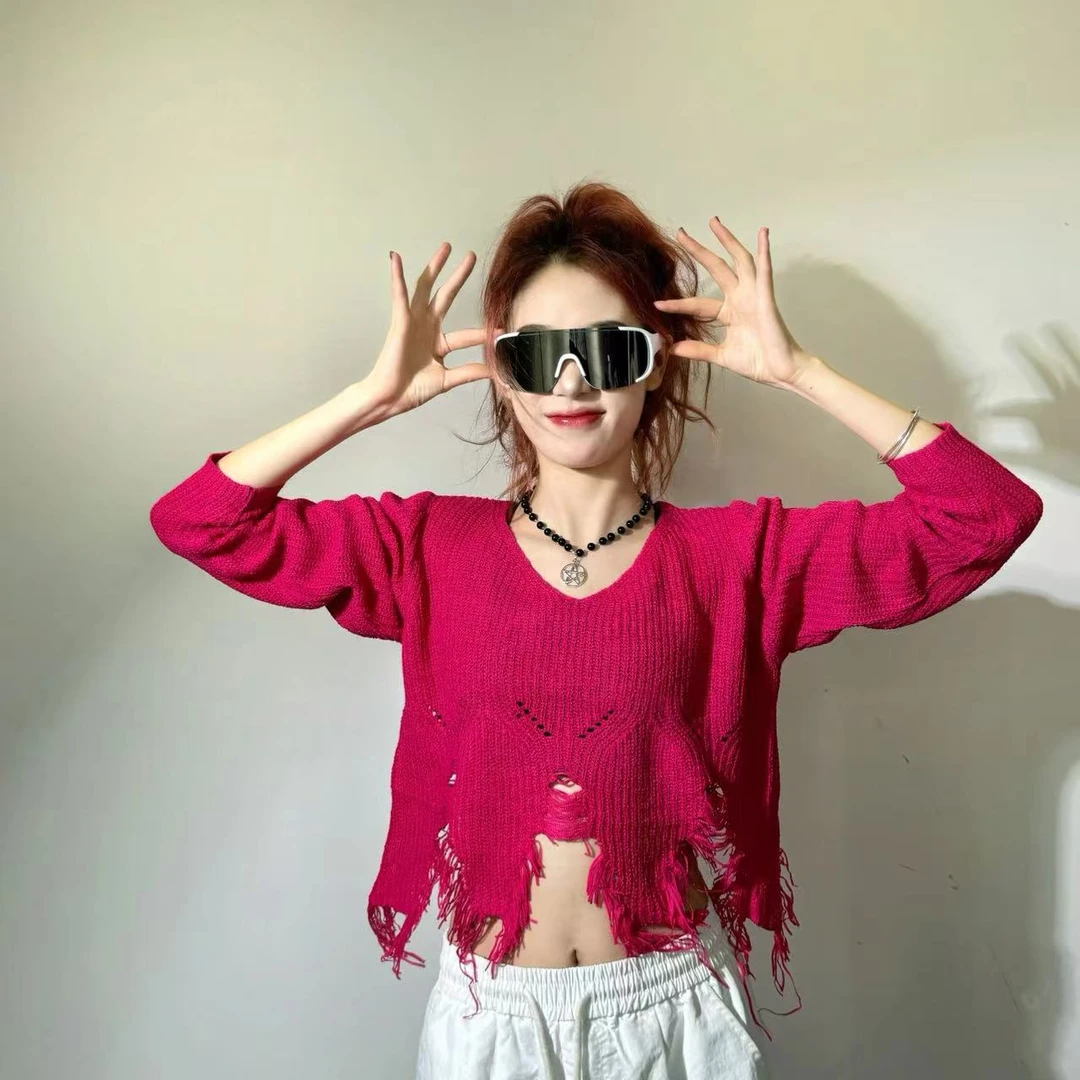 （一）十三姨早不规则毛边长袖上衣女百搭宽松V领套头针织毛衣