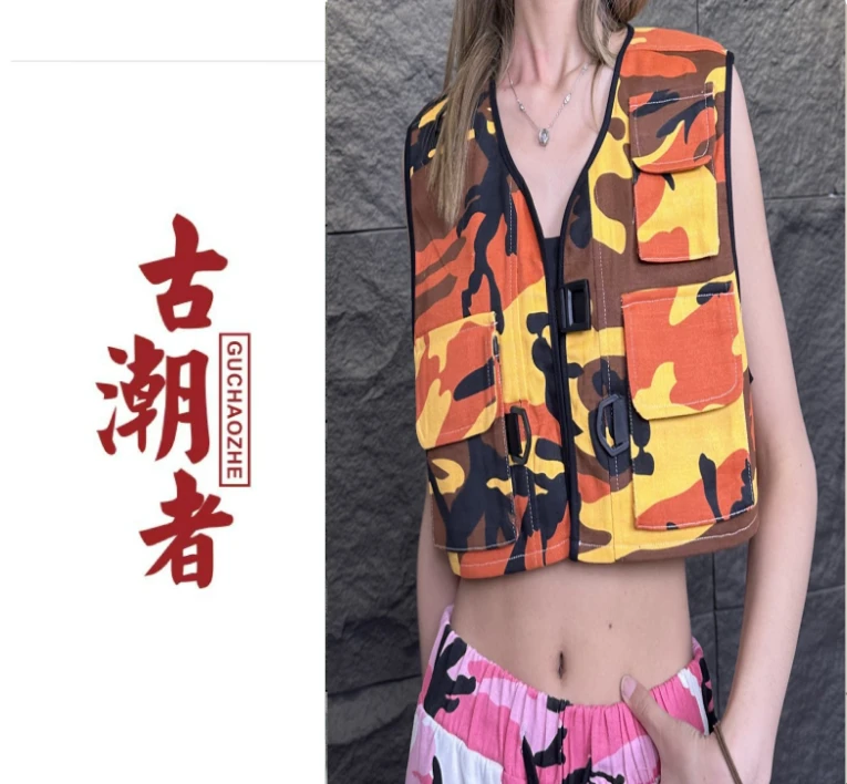 （一）迷彩工装无袖背心2023夏季新款宽松透气马甲高街开衫上衣个性