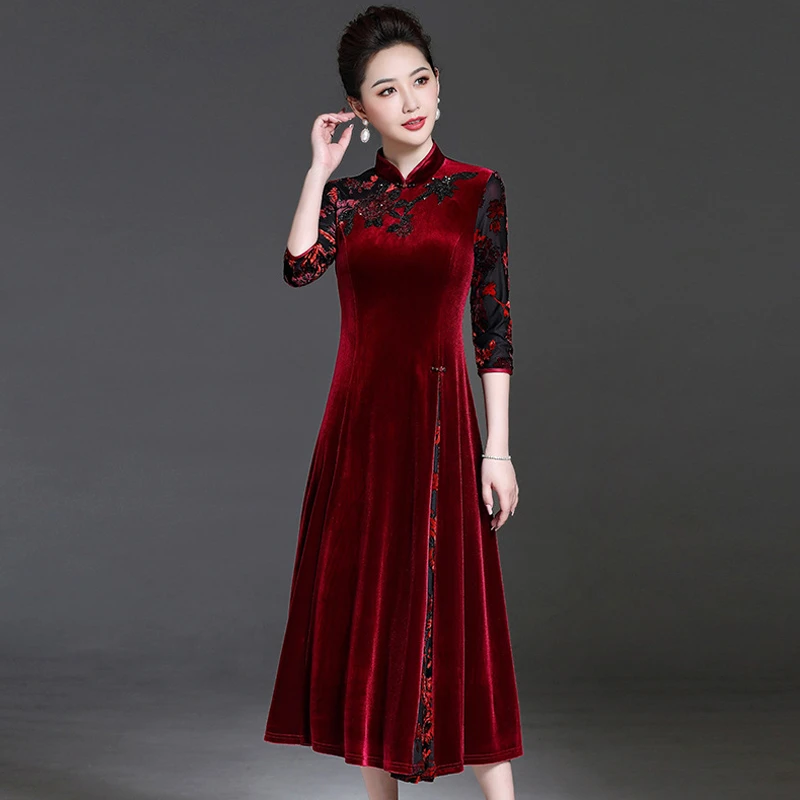 中式金丝绒旗袍妈妈装红色连衣裙中长款喜婆婆婚宴礼服高贵大码