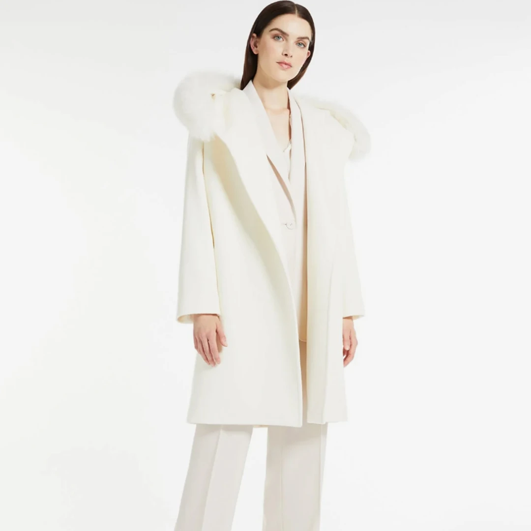 MaxMara【官网16800】Mango 女士狐狸毛领羊毛大衣2360161139600013