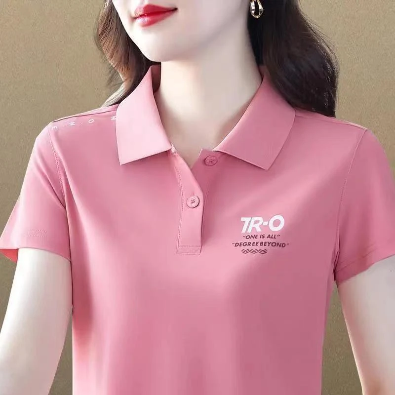 含棉短袖t恤女夏2024新款时尚气质妈妈polo衫印花上衣百搭翻领潮