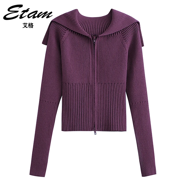 Etam/艾格2025早秋拉链针织衫纯色百搭长袖打底修身翻领开衫上衣