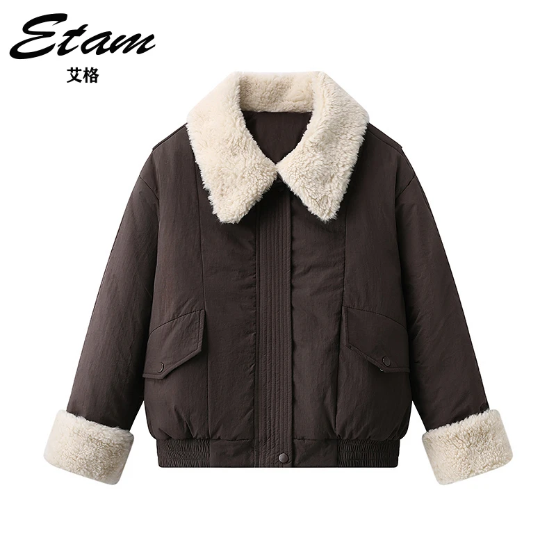Etam/艾格复古休闲感拼接仿羊羔毛保暖棉服2024冬季新款毛毛外套