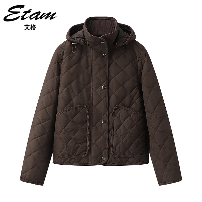 Etam/艾格复古菱格高级感棉服外套2024冬新款女装美拉德法式上衣