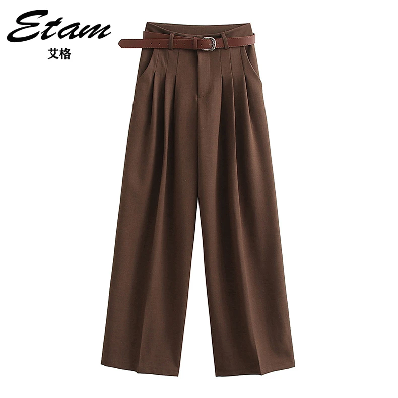 Etam/艾格秋季新款高级感阔腿裤高腰垂感西装裤复古百搭气质女款