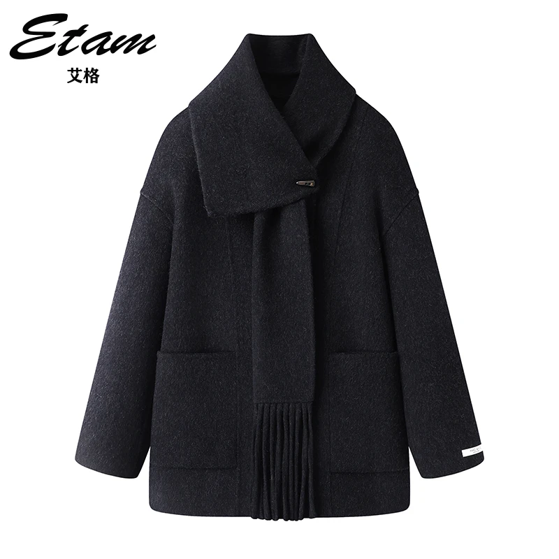 Etam/艾格氛围感牛角扣双面呢大衣2024冬季新款围脖设计毛呢外套