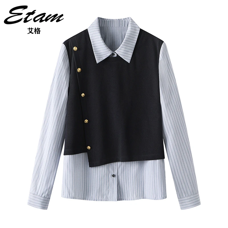 Etam/艾格假两件衬衫上衣秋季新款女衬衣小众设计感长袖宽松显瘦