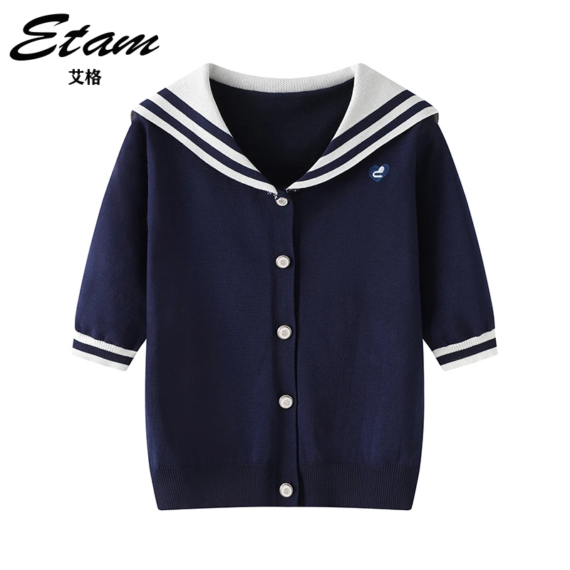 Etam/艾格2024夏季新款短袖针织衫撞色短款翻领海军风时尚上衣