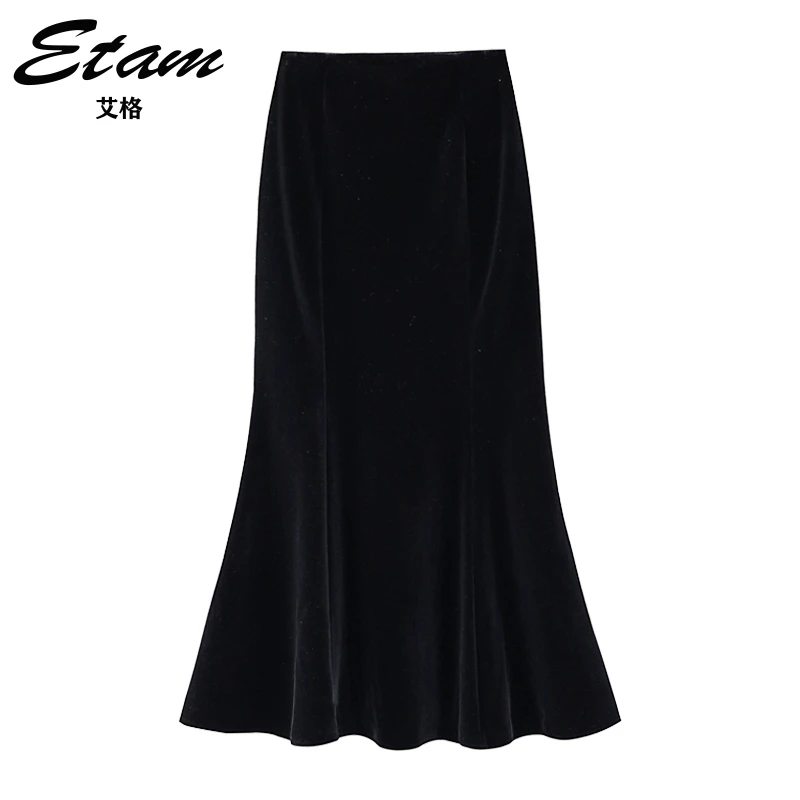 Etam/艾格复古赫本风气质黑色丝绒半裙2025秋冬款高腰包臀鱼尾裙