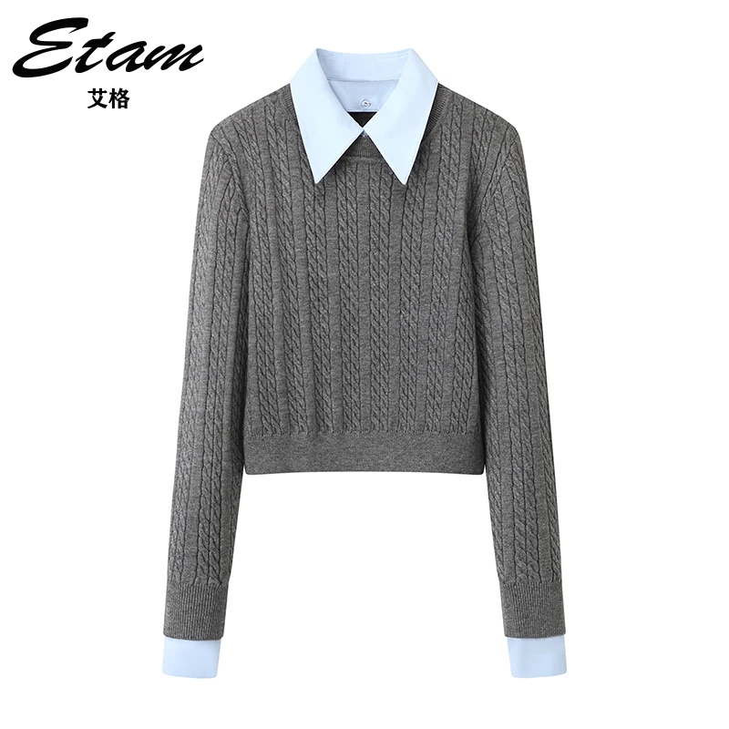 Etam/艾格绞花纹衬衫领拼接针织衫2025秋季新款学院风复古毛衣女