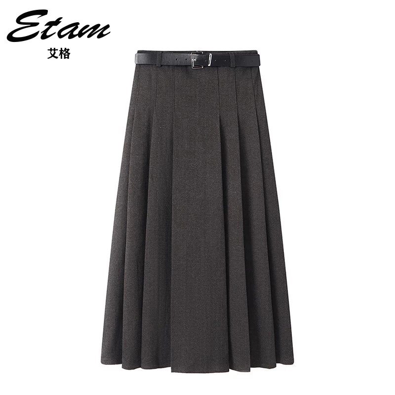 Etam/艾格秋冬新款加厚毛呢半身裙高腰显瘦复古百褶裙百搭时尚A字