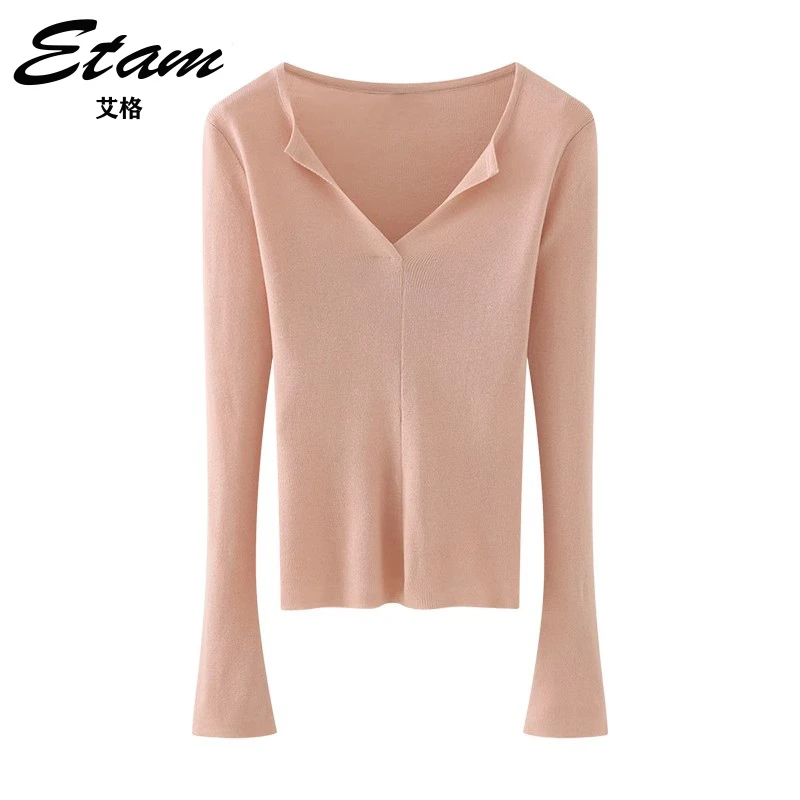 Etam/艾格纯色打底衫百搭V领针织长袖上衣女修身显瘦秋季针织