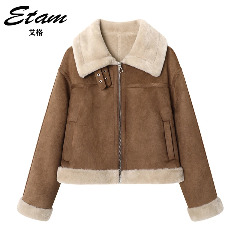 Etam/艾格修身显瘦加绒加厚仿麂皮绒短外套2024秋冬款复古百搭女