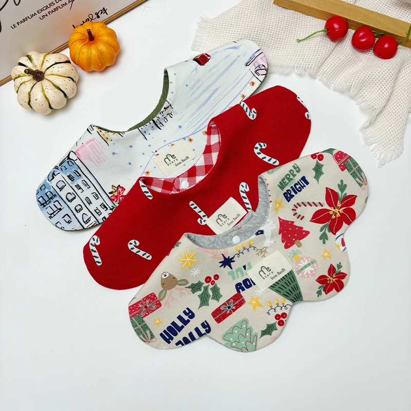 故事我婴幼儿口水巾花瓣纯棉圣诞款双面防吐奶360旋转宝宝围兜