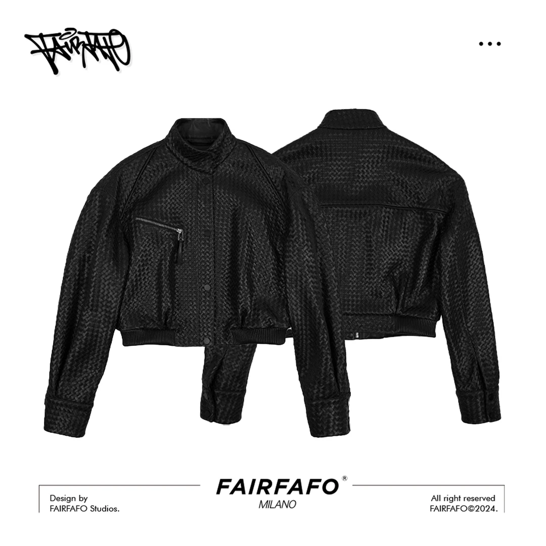 FAIRFAFO林肉肉【编织格格皮外套】AB23WT003时尚黑色短款皮外套女