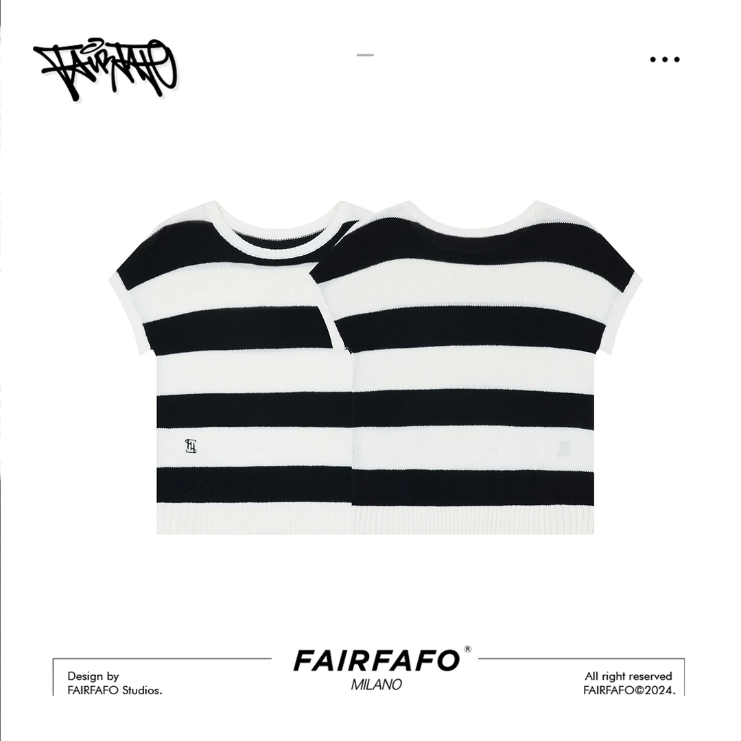 FAIRFAFO林肉肉【条纹落肩短袖】时尚休闲黑白拼接T恤半袖MK24DX187