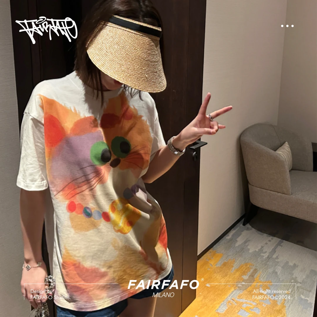 FAIRFAFO林肉肉【满幅猫咪短袖】TXRZ42082修身潮牌夏季t恤女上衣