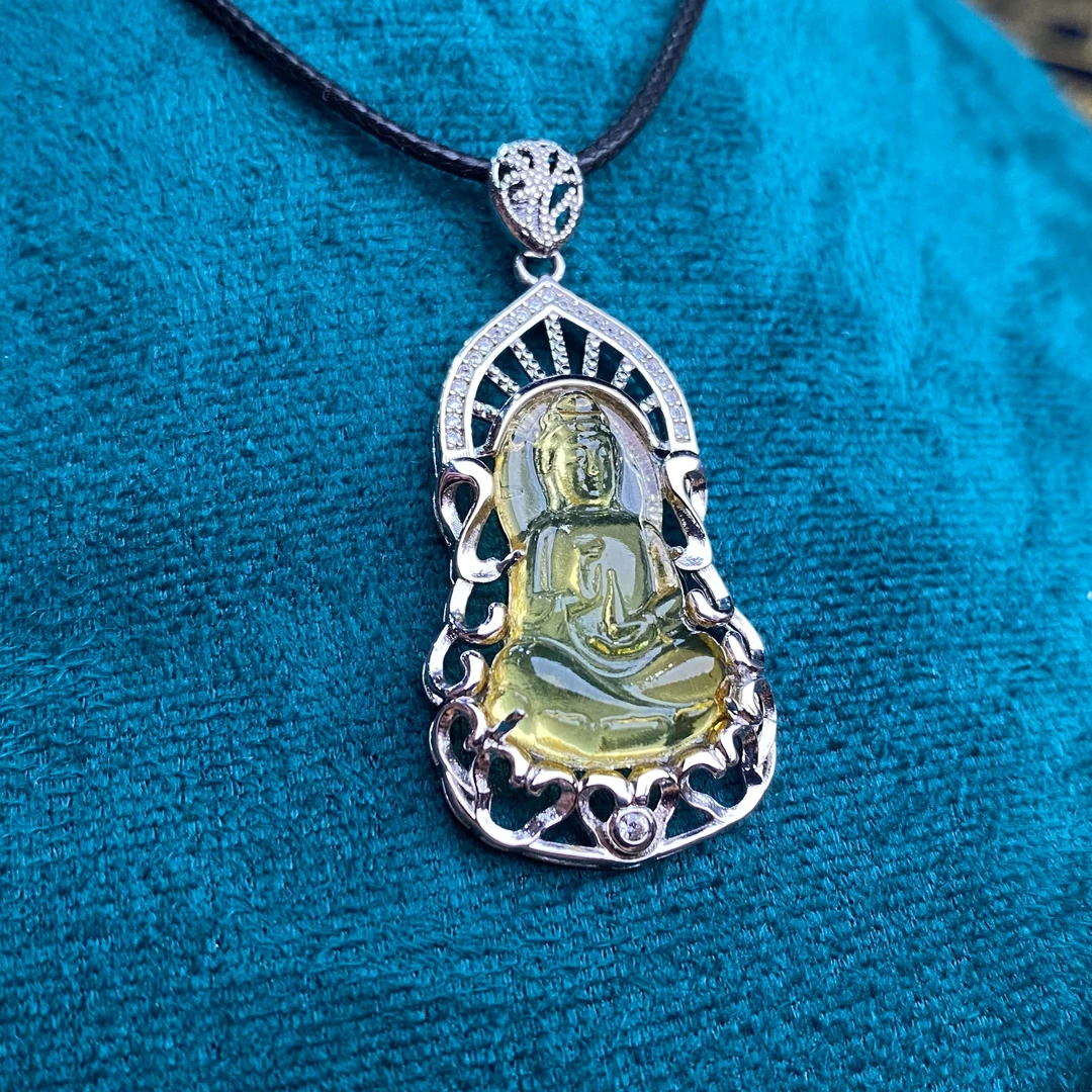 金珀琥珀观音吊坠项链手工雕刻气质百搭吊坠佛系项链s851