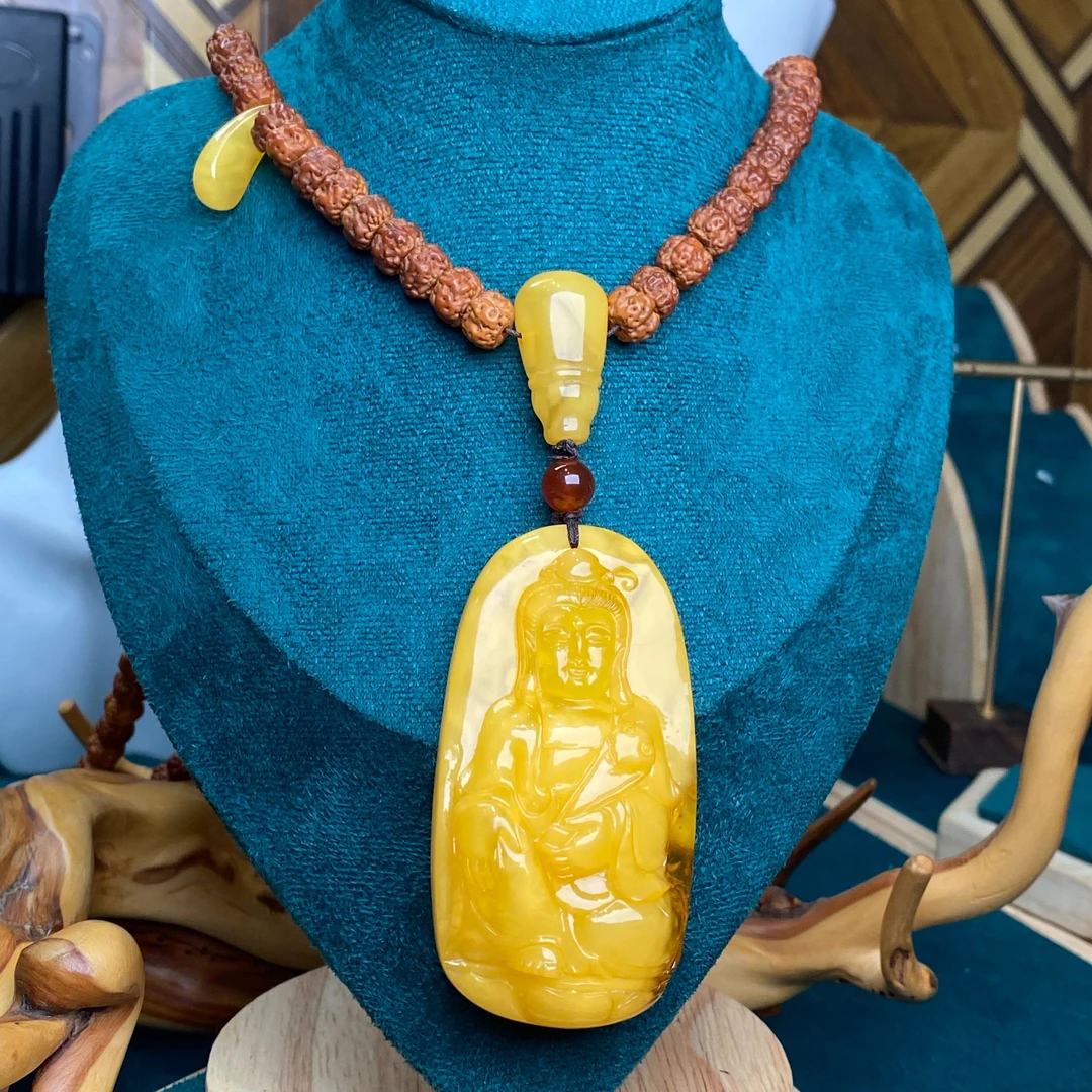 S37大气复古蜜蜡观音佛牌吊坠项链气质雕刻中古民族风百搭时尚
