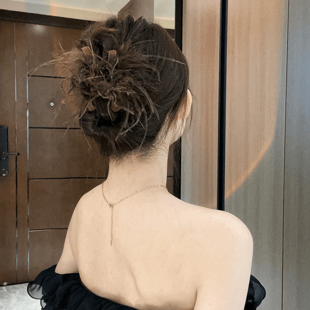 法式高级咖色网纱羽毛抓夹鲨鱼夹驼鸟毛发夹后脑勺半扎发头饰新款