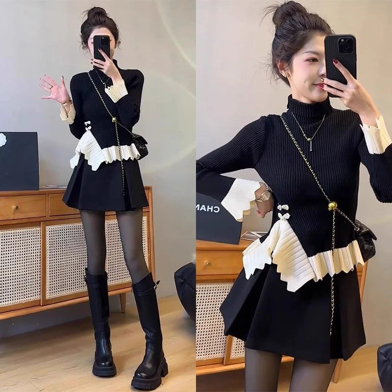 今年流行漂亮套装裙女冬季2024新款撞色针织衫高腰半身裙裤两件套